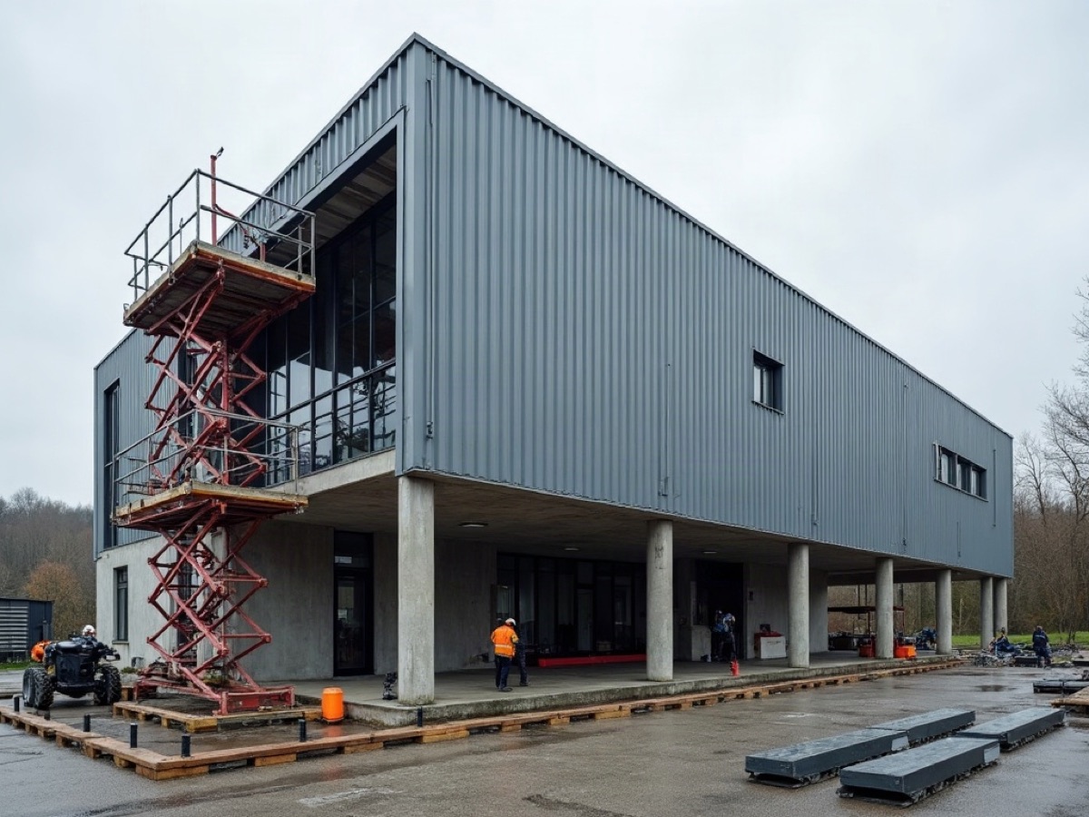 Metal facade panels going onto girts of a contemporary industrial building