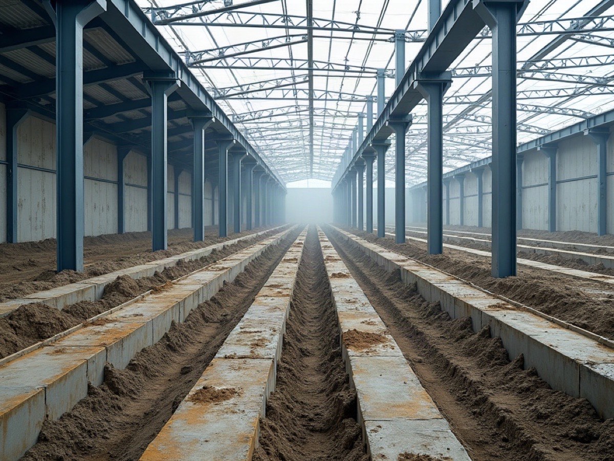 Concrete strip footings running between steel columns in an open industrial hall