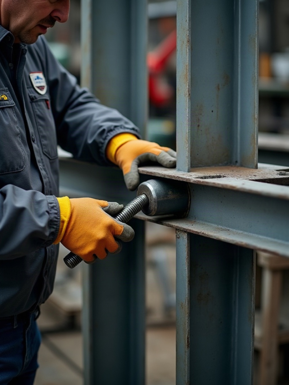 Gloved hands aligning a bolted steel connection in the fabrication shop