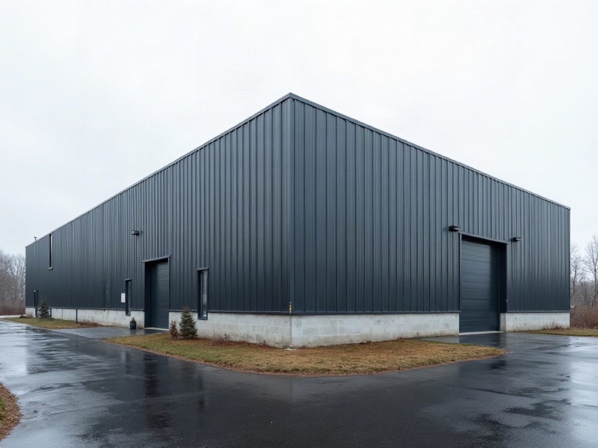 Completed industrial building with graphite metal cladding and a regular steel bay rhythm
