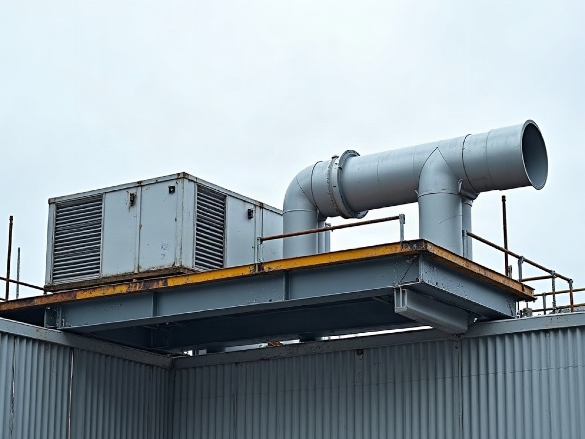 Air-handling units and pipe runs set on a steel roof platform